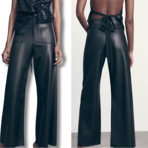 Zara Viral Baddie Edgy Punk BossGirl 🖤 Vegan Leather Marine Wide Leg Pant Sz-6 - Picture 4 of 16